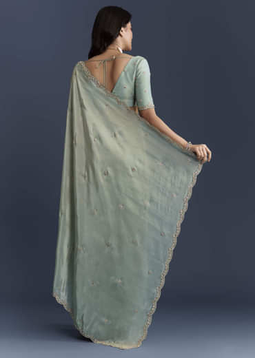 Aqua Blue Tissue Saree With Intricate Hand Embroidery