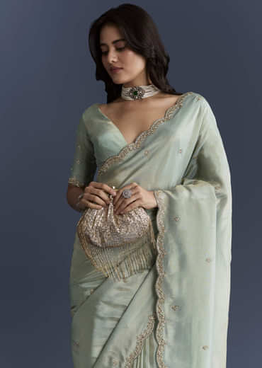 Aqua Blue Tissue Saree With Intricate Hand Embroidery