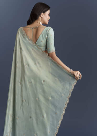 Aqua Blue Tissue Saree With Intricate Hand Embroidery