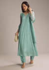 Aqua Green Chinon Anarkali Suit With Cutdana And Sequins Work