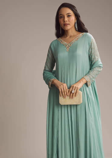 Aqua Green Chinon Anarkali Suit With Cutdana And Sequins Work