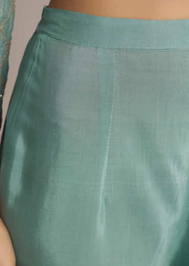 Aqua Green Chinon Anarkali Suit With Cutdana And Sequins Work