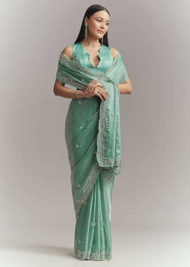 Aqua Green Chinon Embroidered Saree With Floral Embroidery