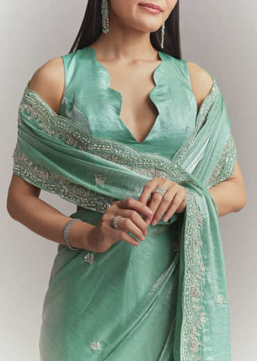 Aqua Green Chinon Embroidered Saree With Floral Embroidery