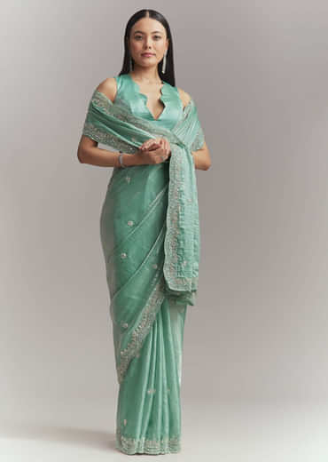Aqua Green Chinon Embroidered Saree With Floral Embroidery