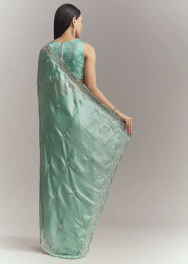 Aqua Green Chinon Embroidered Saree With Floral Embroidery