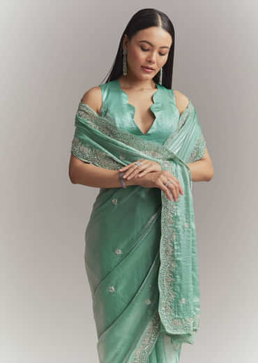 Aqua Green Chinon Embroidered Saree With Floral Embroidery