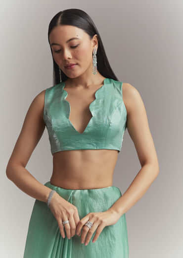 Aqua Green Chinon Embroidered Saree With Floral Embroidery