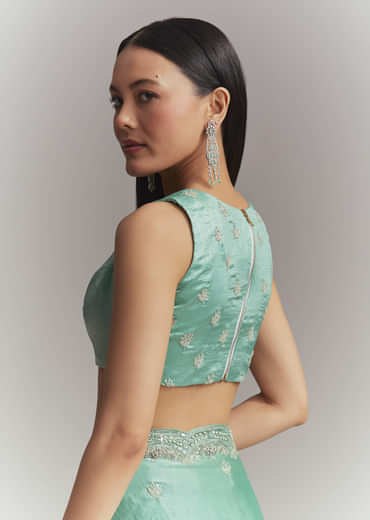 Aqua Green Chinon Embroidered Saree With Floral Embroidery