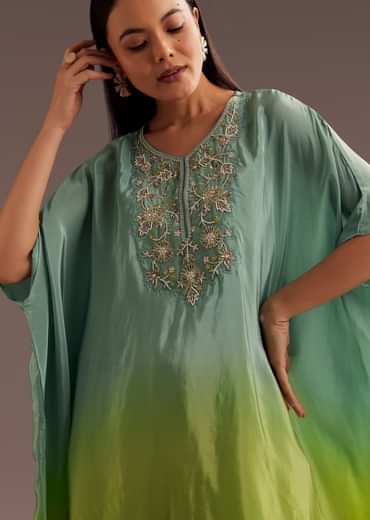 Aqua Green Ombre Moti Zardosi Kaftan Kurta Dhoti Set