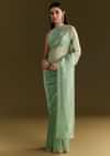 Aqua Green Organza Embroidered Saree With Scallop Border