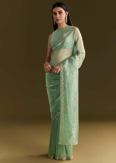 Aqua Green Organza Embroidered Saree With Scallop Border