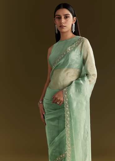 Aqua Green Organza Embroidered Saree With Scallop Border