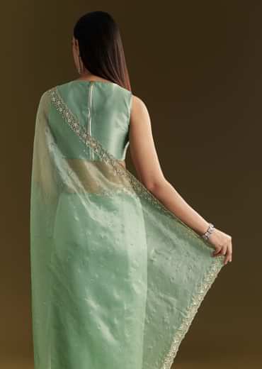 Aqua Green Organza Embroidered Saree With Scallop Border