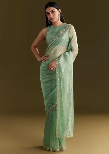 Aqua Green Organza Embroidered Saree With Scallop Border