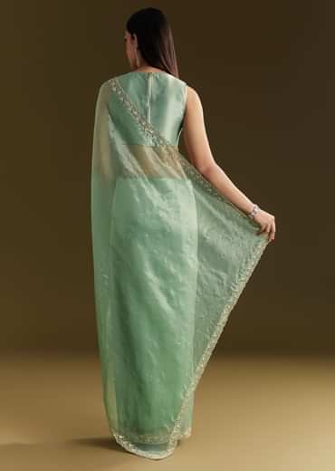 Aqua Green Organza Embroidered Saree With Scallop Border