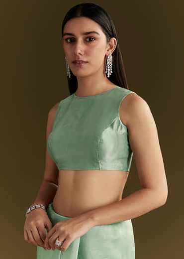 Aqua Green Organza Embroidered Saree With Scallop Border