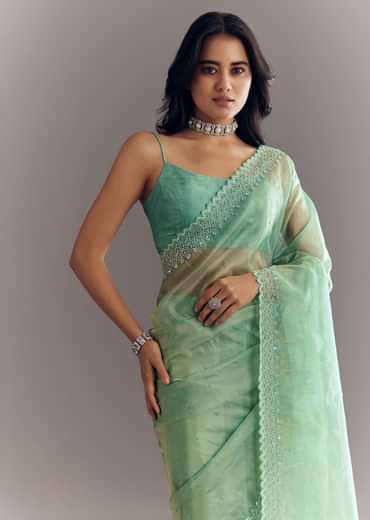 Aqua Green Organza Saree With Stones Beads And Sequins Embroidery And Scallop Border