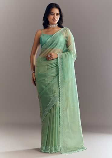 Aqua Green Organza Saree With Stones Beads And Sequins Embroidery And Scallop Border