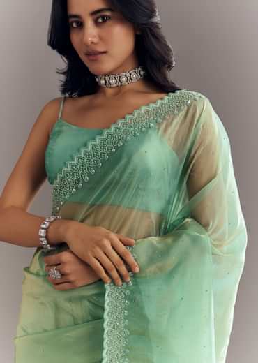 Aqua Green Organza Saree With Stones Beads And Sequins Embroidery And Scallop Border