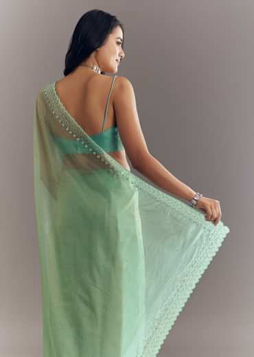 Aqua Green Organza Saree With Stones Beads And Sequins Embroidery And Scallop Border