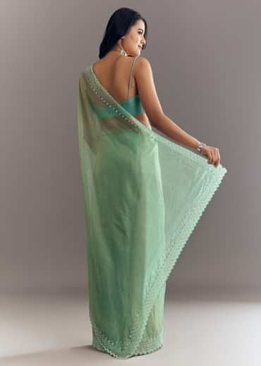 Aqua Green Organza Saree With Stones Beads And Sequins Embroidery And Scallop Border