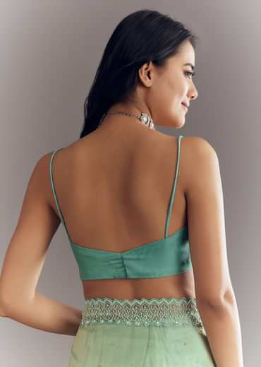 Aqua Green Organza Saree With Stones Beads And Sequins Embroidery And Scallop Border