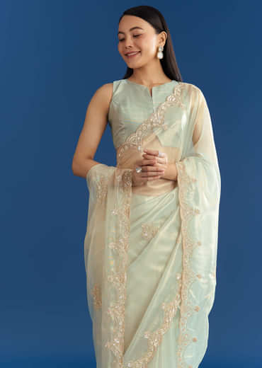 Aqua Organza Tissue Saree With Cutdana Border