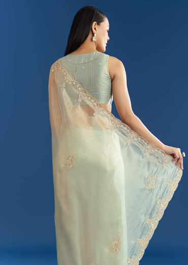 Aqua Organza Tissue Saree With Cutdana Border