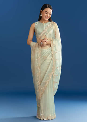 Aqua Organza Tissue Saree With Cutdana Border