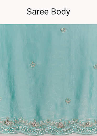 Aqua Blue Chinon Saree With Floral Embroidery