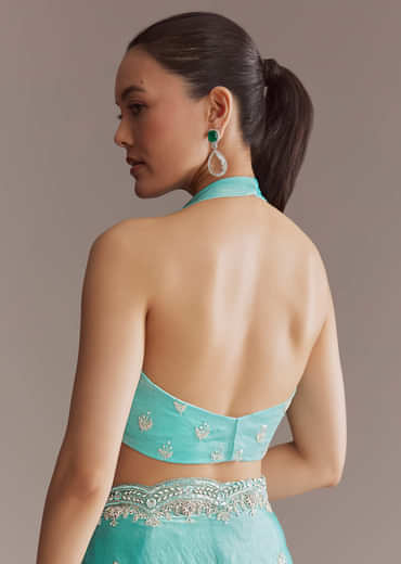 Aqua Blue Chinon Saree With Floral Embroidery