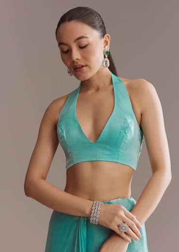 Aqua Blue Chinon Saree With Floral Embroidery