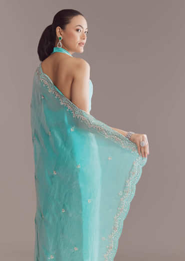 Aqua Blue Chinon Saree With Floral Embroidery