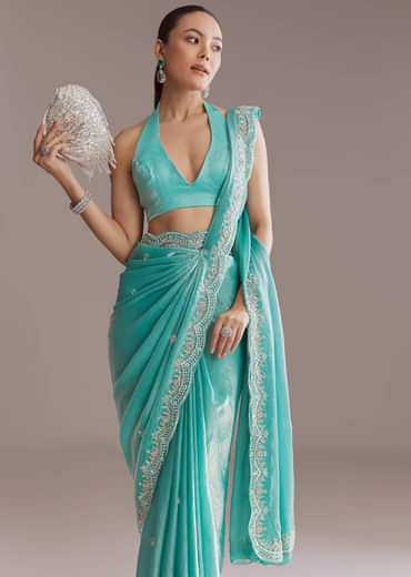 Aqua Blue Chinon Saree With Floral Embroidery