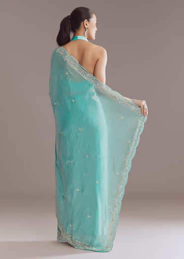 Aqua Blue Chinon Saree With Floral Embroidery