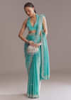 Aqua Blue Chinon Saree With Floral Embroidery