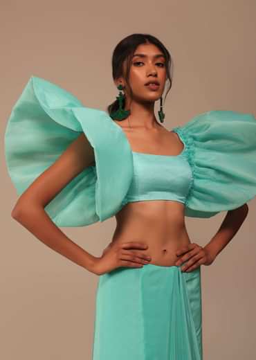 Aqua Blue Crepe Saree With Fancy Sleeves Organza Blouse