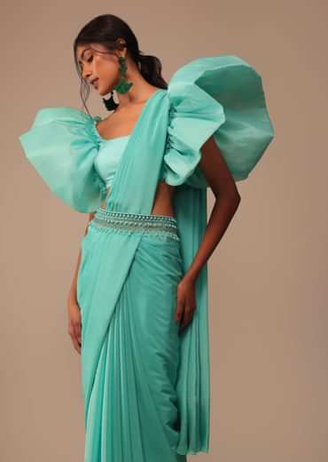Aqua Blue Crepe Saree With Fancy Sleeves Organza Blouse
