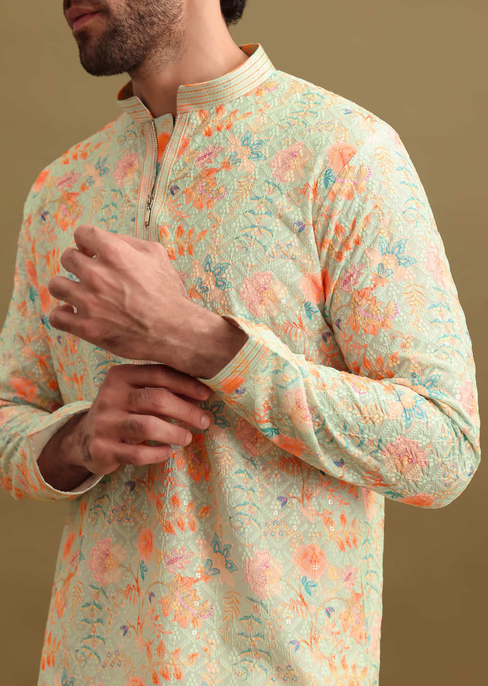 Aqua Blue Digital Printed Silk Kurta Set For Men