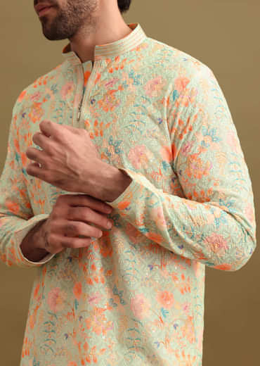 Aqua Blue Digital Printed Silk Kurta Set For Men