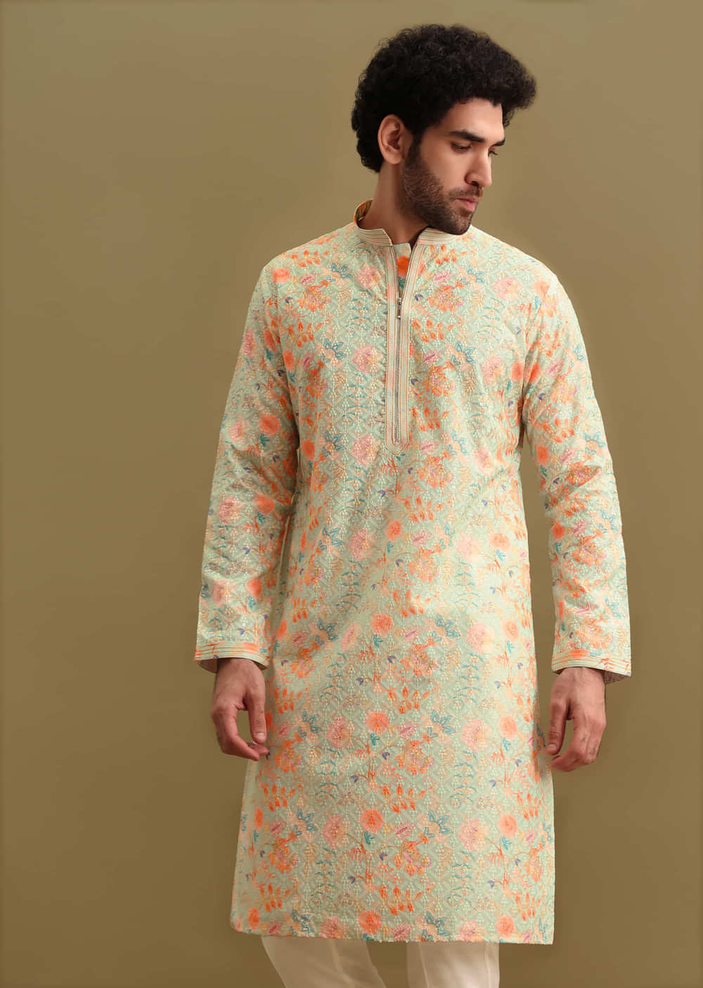 Aqua Blue Digital Printed Silk Kurta Set For Men