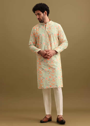 Aqua Blue Digital Printed Silk Kurta Set For Men