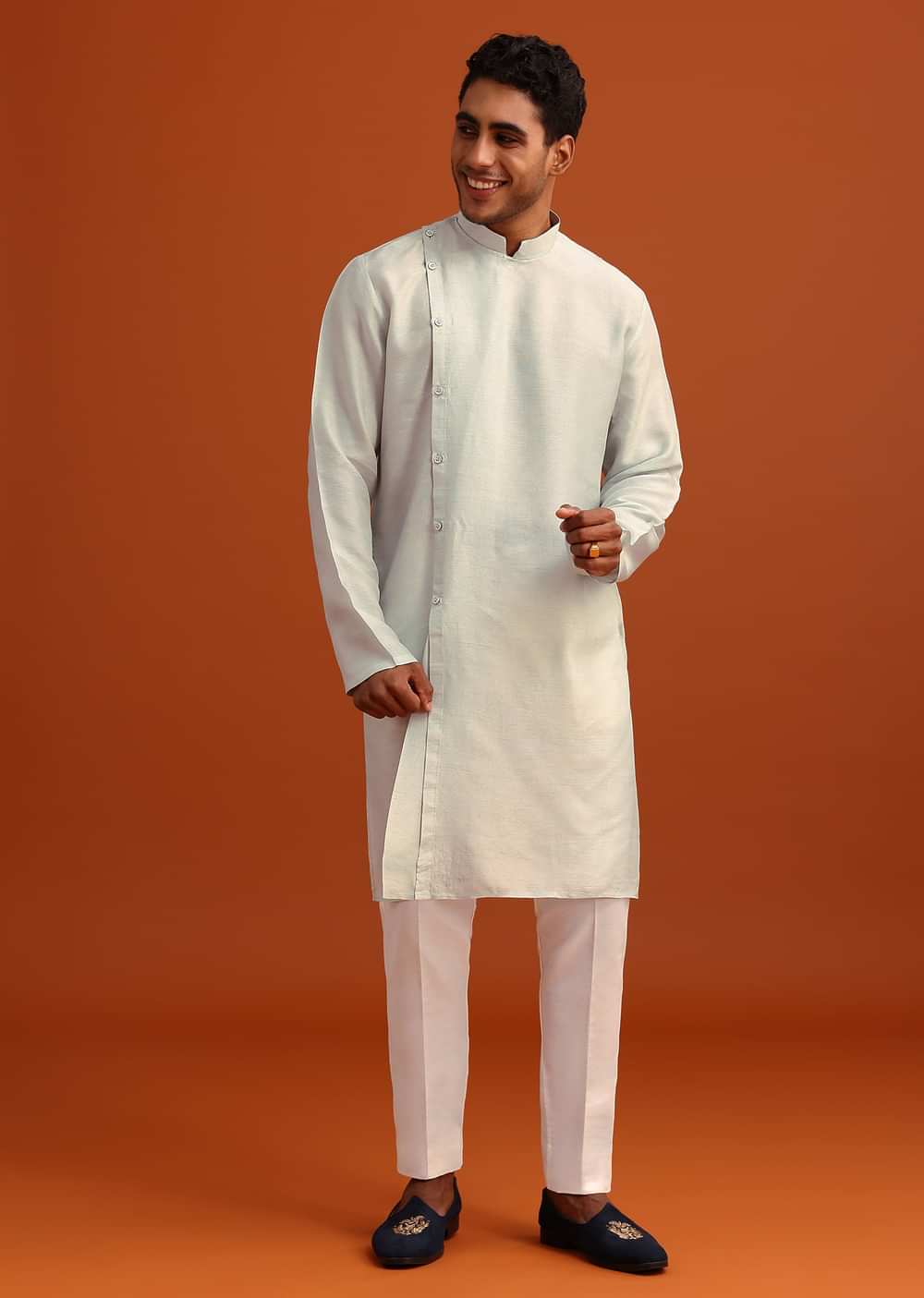 Aqua Blue Dola Silk Cowl Draped Kurta And Jacket Set