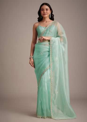 Aqua Blue Glass Tissue Embroidered Saree With Cutdana Work