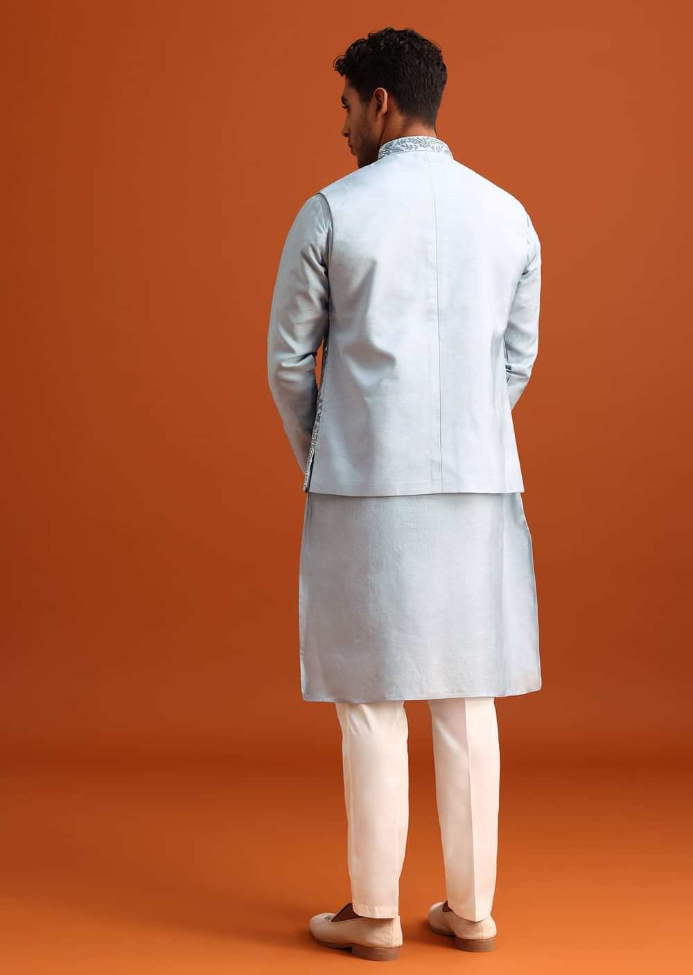 Aqua Blue Jacket Kurta Set With Hand Work