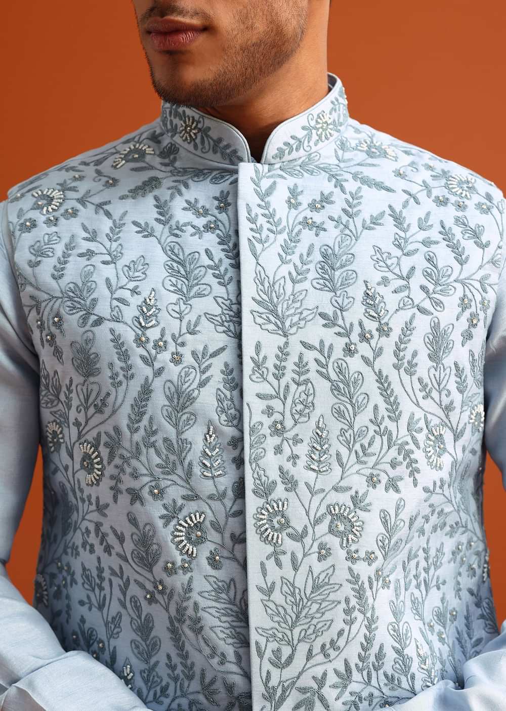 Aqua Blue Jacket Kurta Set With Hand Work