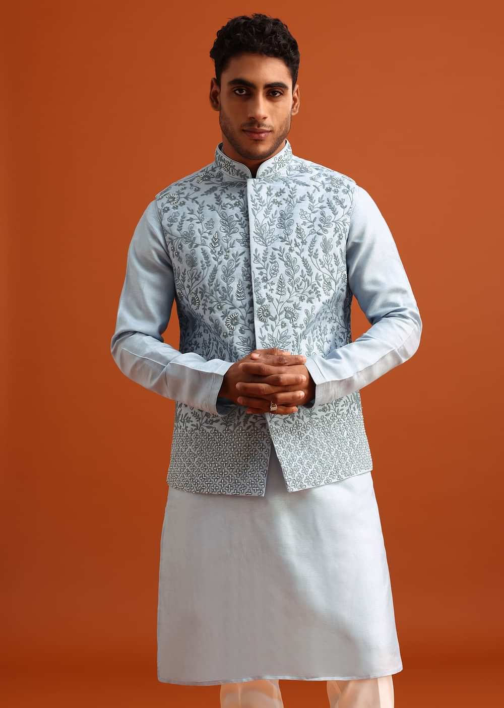 Aqua Blue Jacket Kurta Set With Hand Work