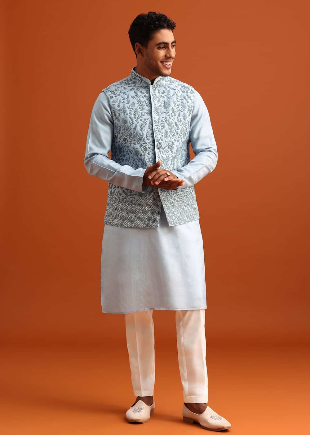 Aqua Blue Jacket Kurta Set With Hand Work
