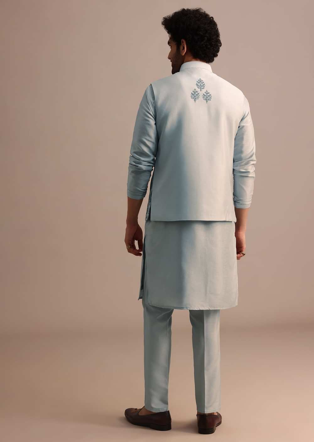 Aqua Blue Kurta Jacket Set With Dori Work And Stone Embroidery